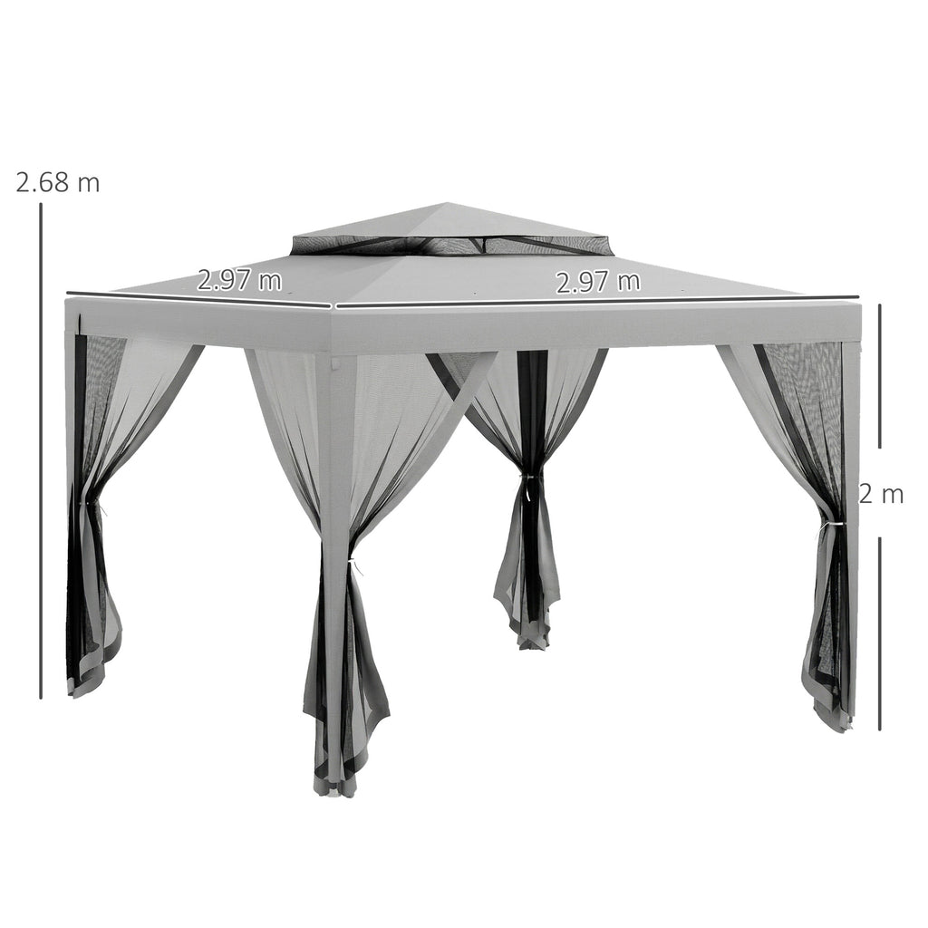 Outsunny 3 x 3 m Gazebo, Netting Party Tent, Patio Canopy Outdoor Event Shelter with Double Tier Roof, Light Grey