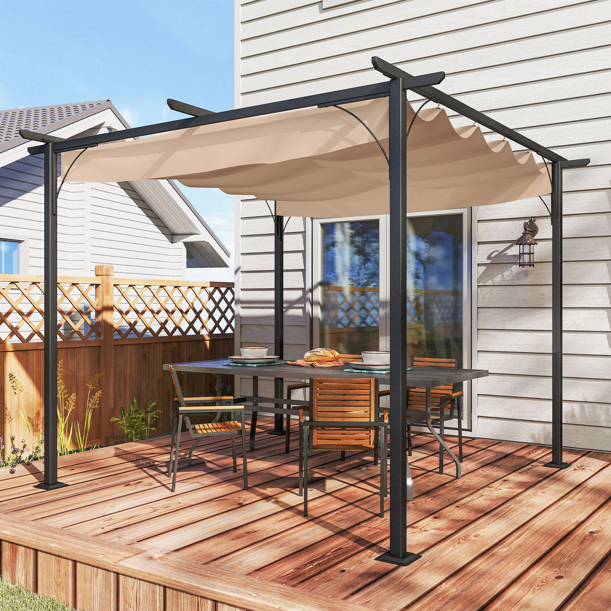 Outsunny 3 x 3(m) Metal Pergola with Retractable Roof, Garden Gazebo Metal Pergola Canopy. Outdoor Sun Shade Shelter for Party BBQ, Beige