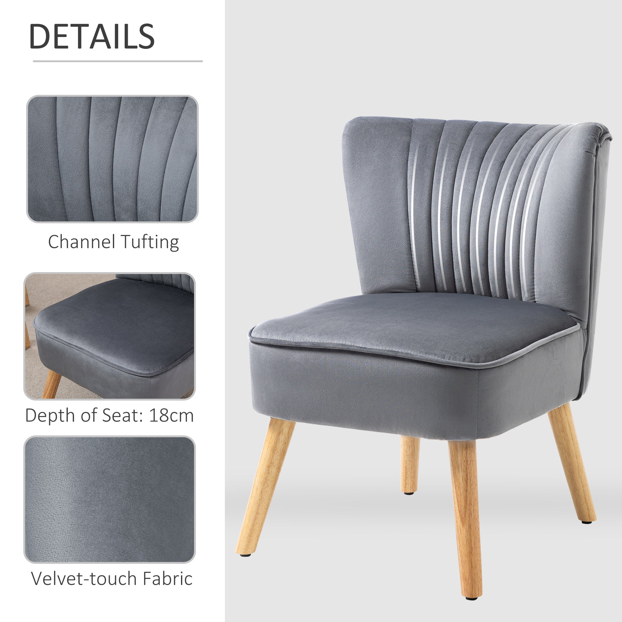 HOMCOM Velvet Accent Chair Occasional Tub Seat Padding Curved Back with Wood Frame Legs Home Furniture for Bedroom Living Room Set of 2 Grey