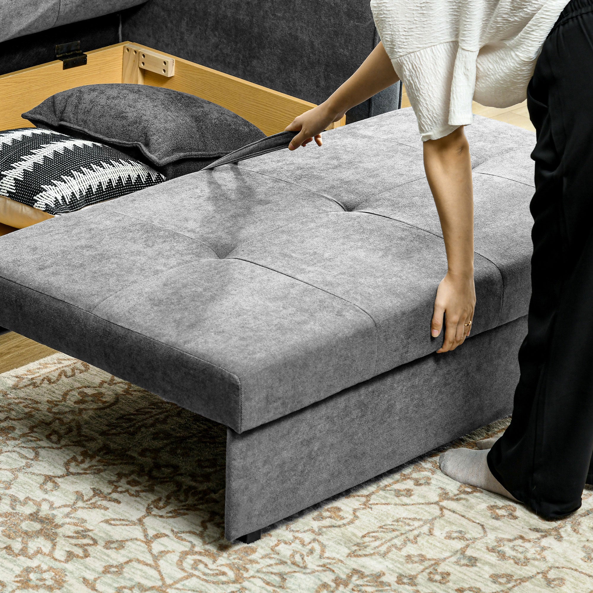 HOMCOM Snow Flannel Two-Seater Sofa Bed, with Storage - Grey