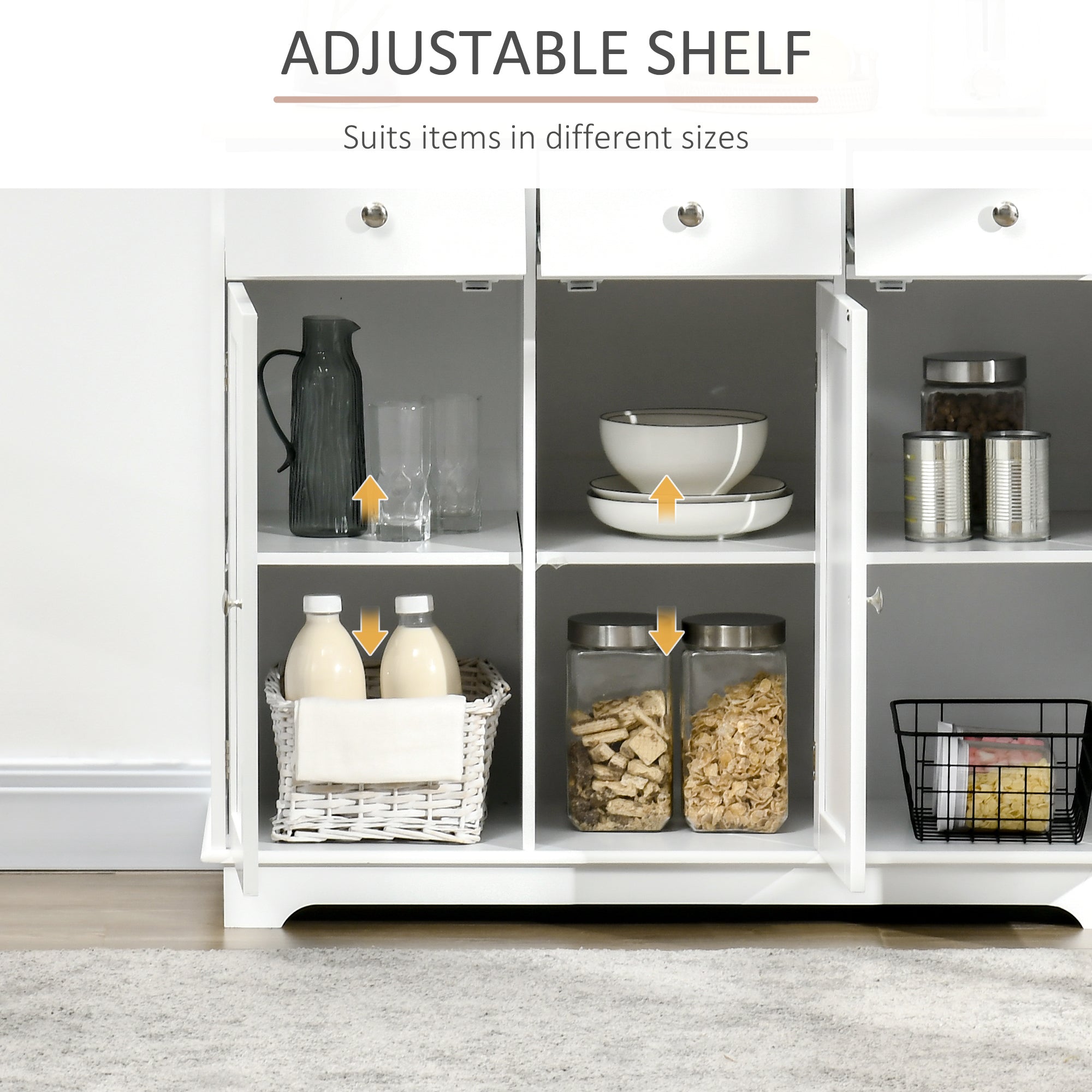 HOMCOM Sideboard with Rubber Wood Top, Modern Storage Cabinet with 3 Adjustable Shelves, White
