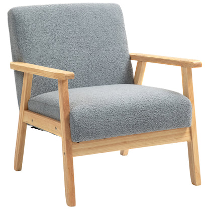 Modern Armchair, Sherpa Fleece Upholstered Accent Chair with Solid Wood Legs and Wide Seat, Padding Lounge Chair for Living Room Bedroom Office, Grey
