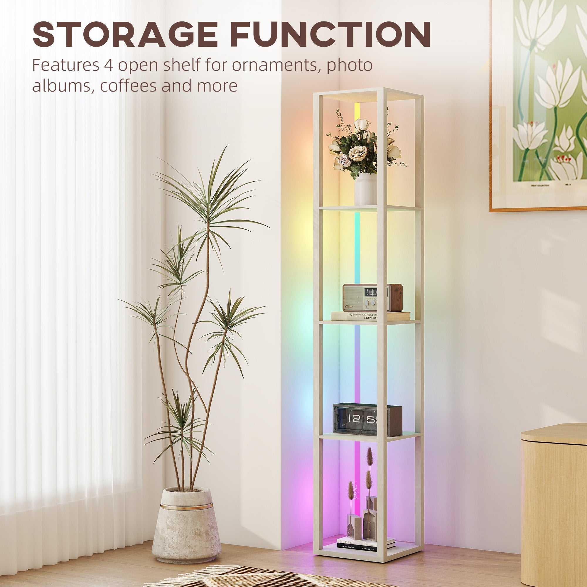 RGB LED Floor Lamp with Shelves, Modern Dimmable Standing Lamp with Remote Control, Adjustable Brightness & Speed for Living Room, Bedroom, Office, Oak