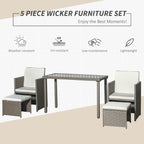 Outsunny 2 Seater Rattan Cube Garden Furniture Set, Rattan Dining Set with Cushions, Outdoor Dining Table and Chairs with 2 Armchairs, 2 Stools, Rectangular Glass Top Table for Patio, Balcony, Grey