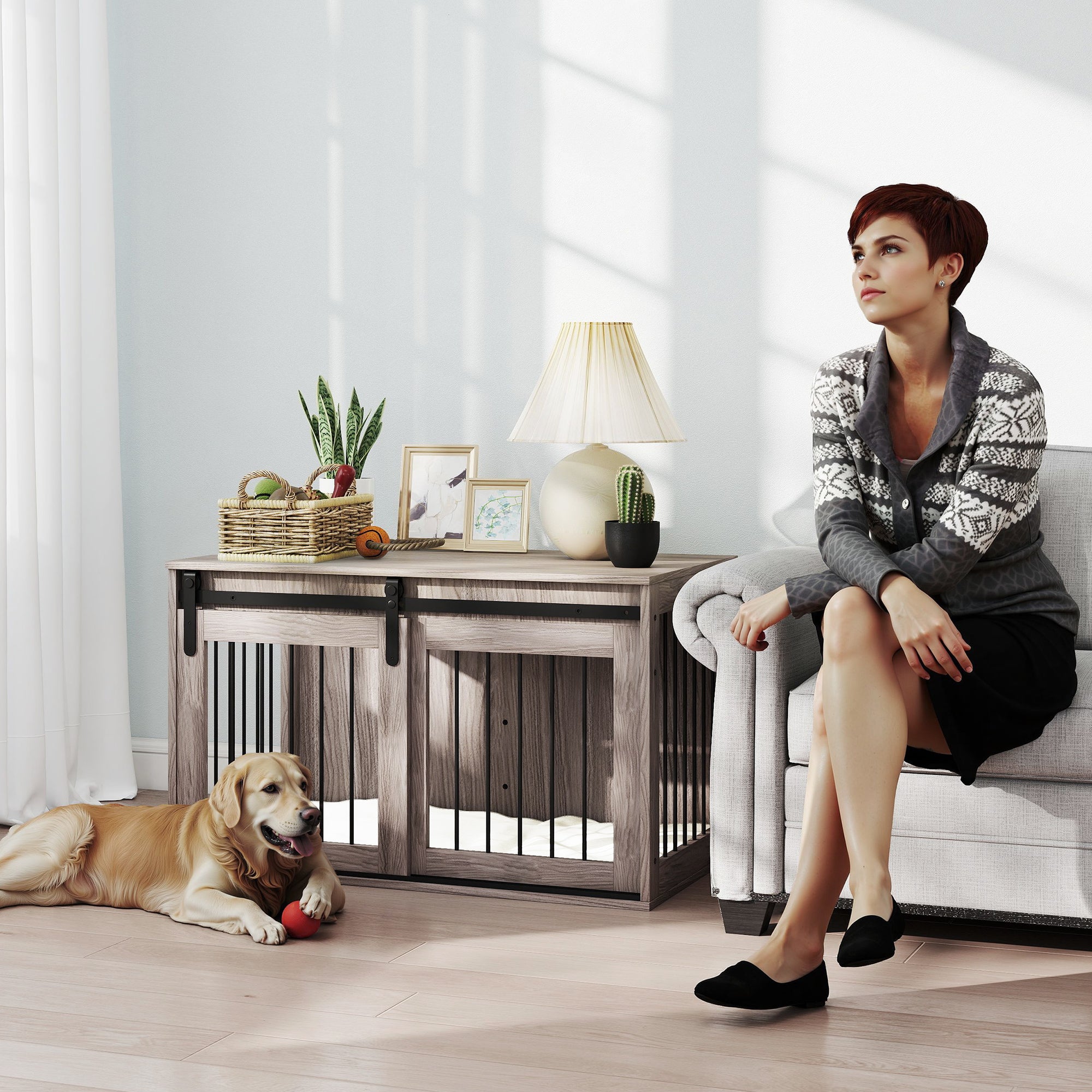 PawHut 98cm Dog Crate Furniture with Removable Cushion for Large Dogs - Brown