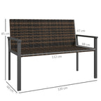 Outsunny 2 Seater Rattan Garden Bench, Outdoor Bench with Quick-Drying Cotton Padding, Wicker Garden Loveseat with Armrests, Steel Frame for Patio, Park, Mixed Brown