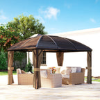 Outsunny 3 x 4m Hardtop Gazebo Canopy with Metal Roof, Aluminium Gazebo Permanent Pavilion with Netting and Curtains, Brown