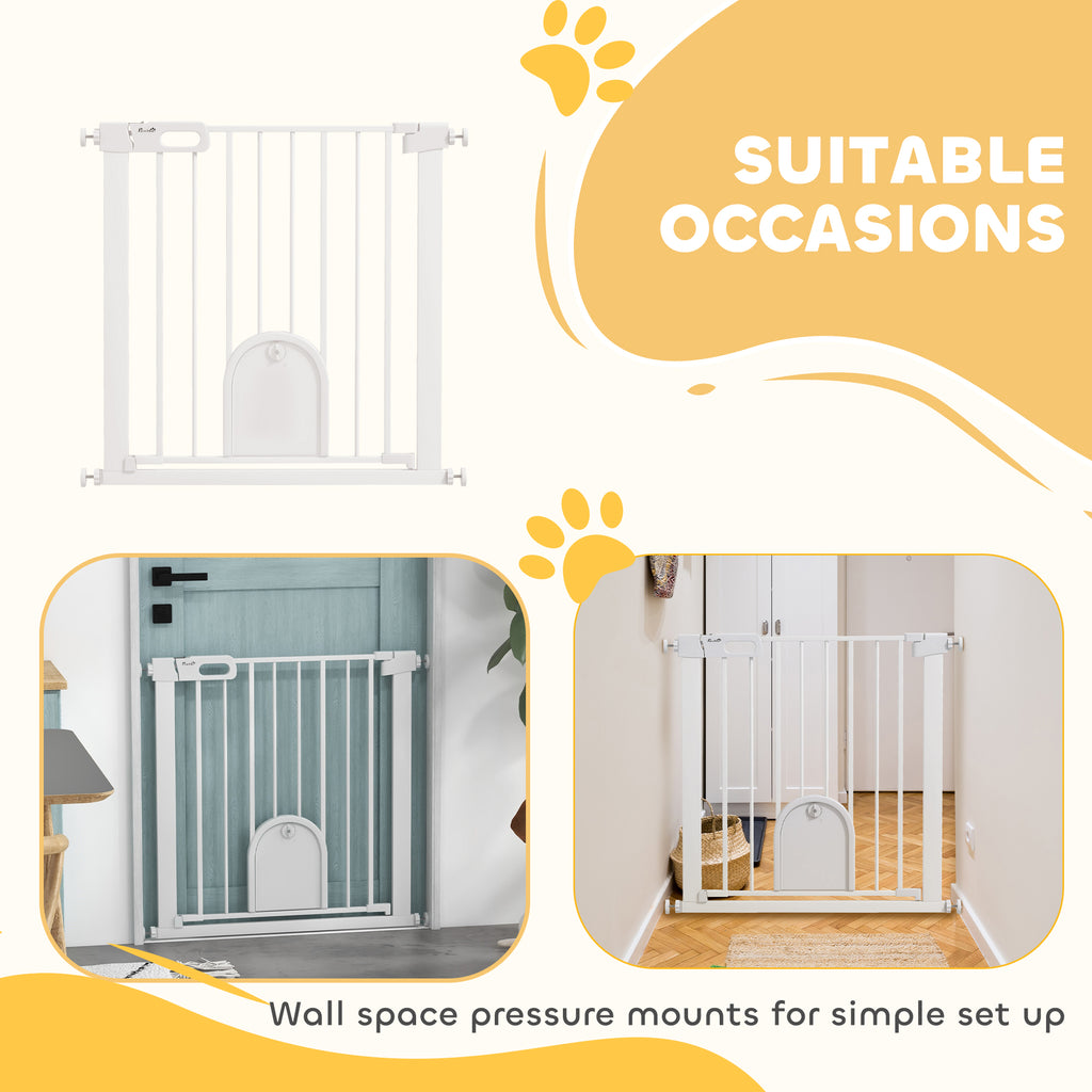 PawHut 75-82cm Pet Safety Gate, Pressure Fit Stair, with Cat Flap, Double Locking, White
