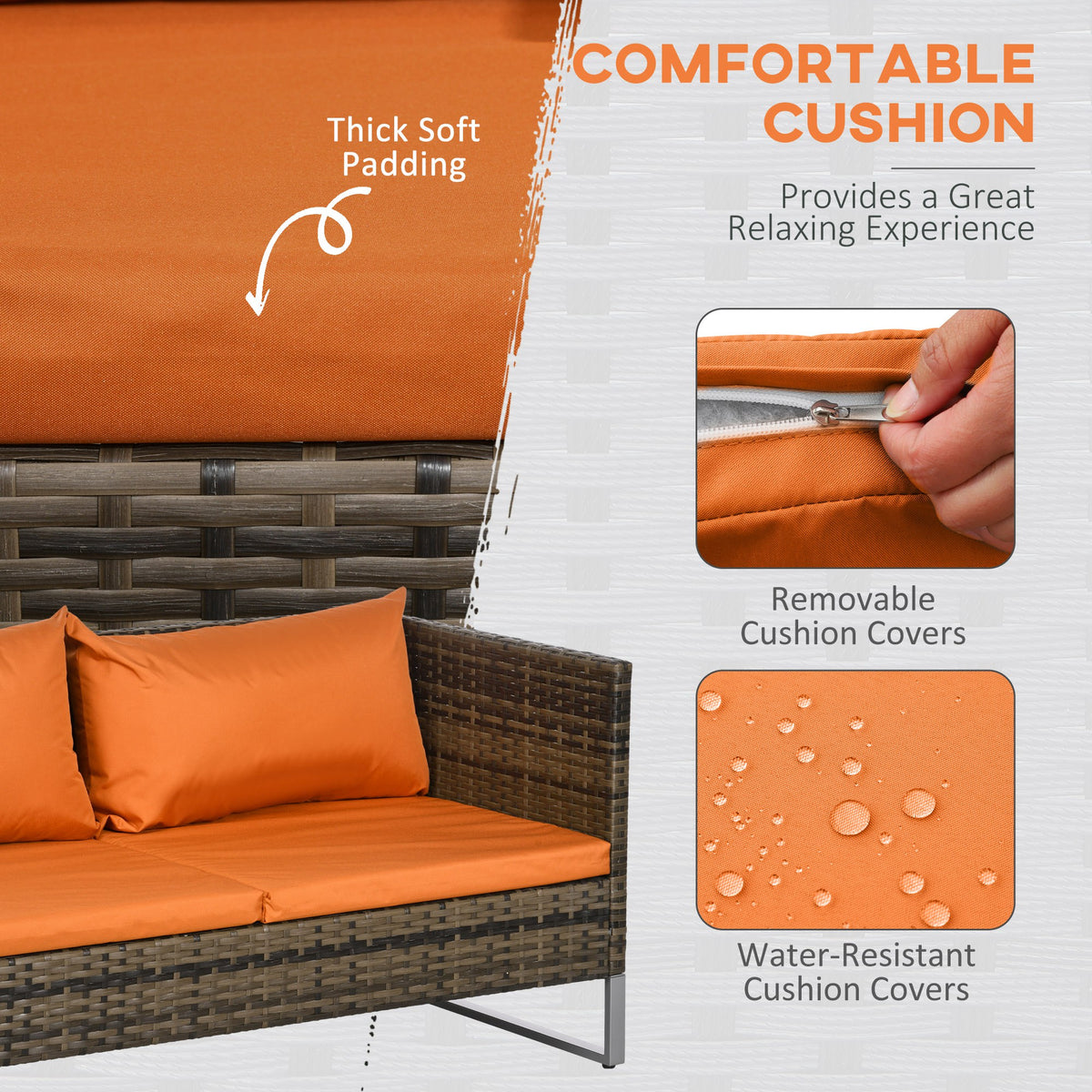 Outsunny 4 Piece Rattan Garden Furniture Set, Outdoor Corner Sofa Set with Storage Table, Loveseats, Cushions - Orange