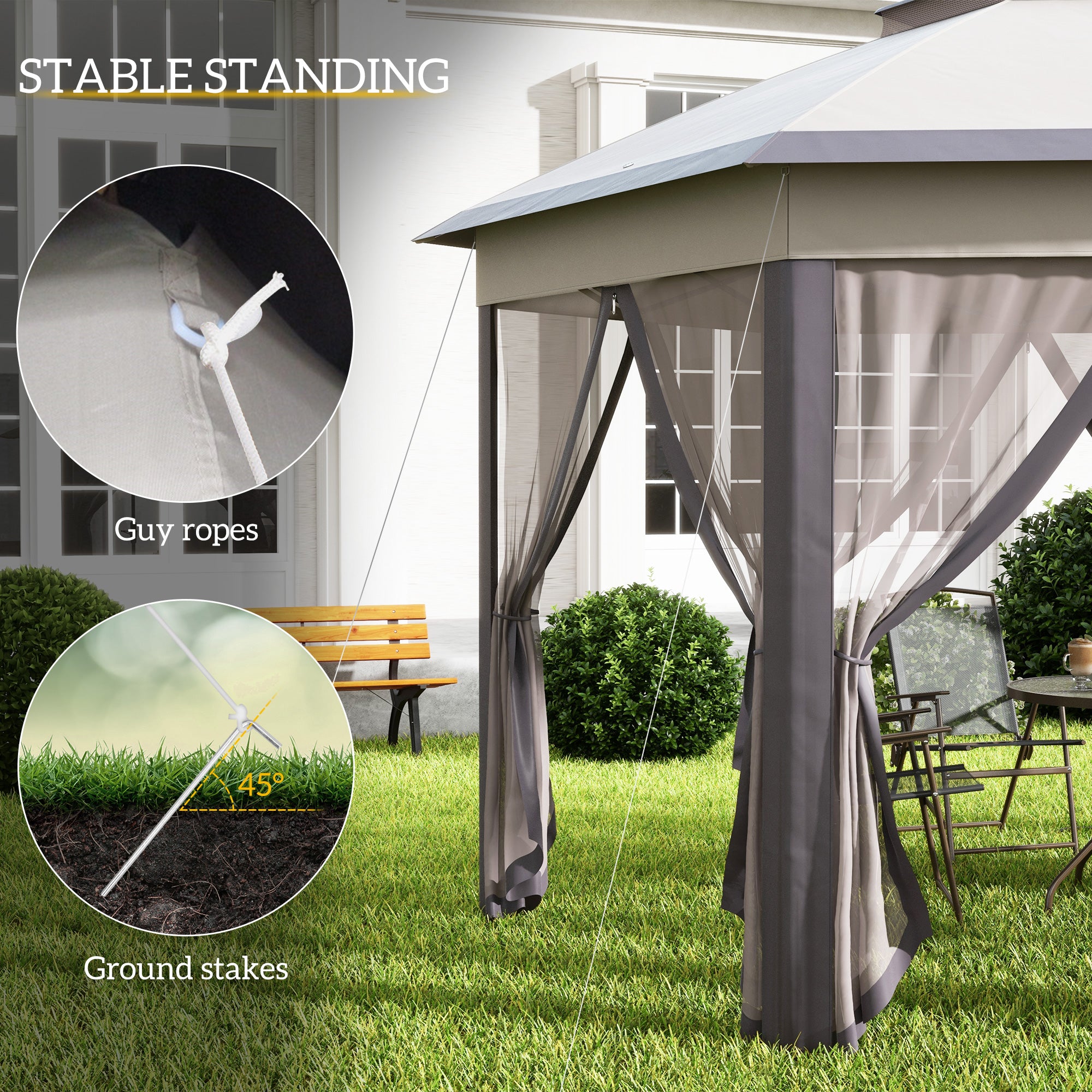 Outsunny 3 x 4m Garden Gazebo Hexagon Pop Up Gazebo Party Tent Canopy Double Roof Instant Shelter with Netting and Carry Bag for Outdoor Patio, Beige