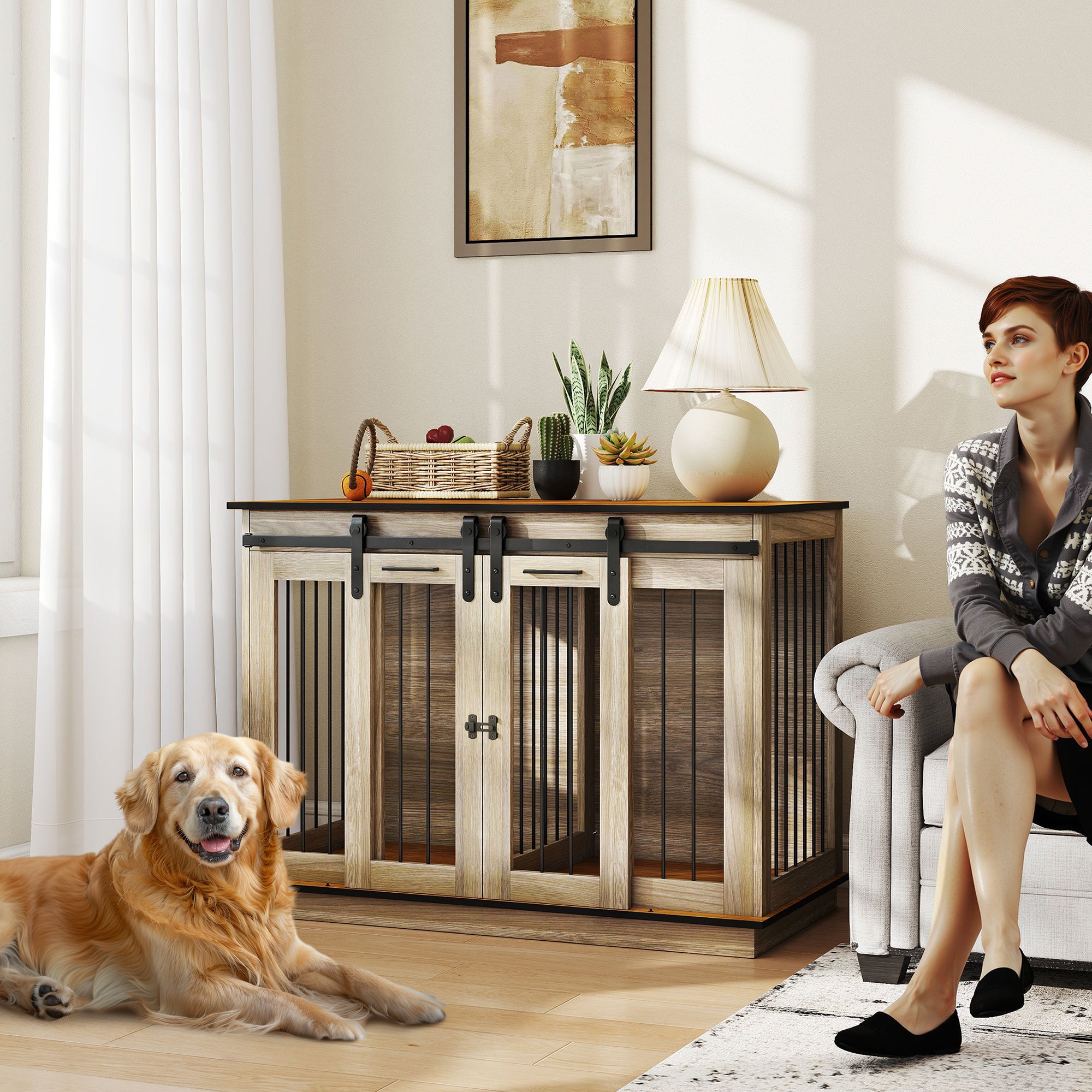 PawHut Dog Crate Furniture for Large Dogs, Double Dog Cage for Small Dogs, with Sliding Doors - Oak Tone