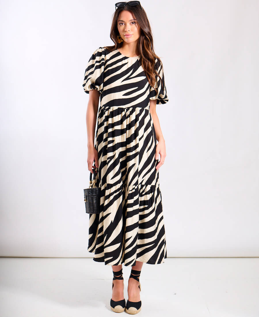 Cream Animal Viscose Puff Sleeve Midi Dress