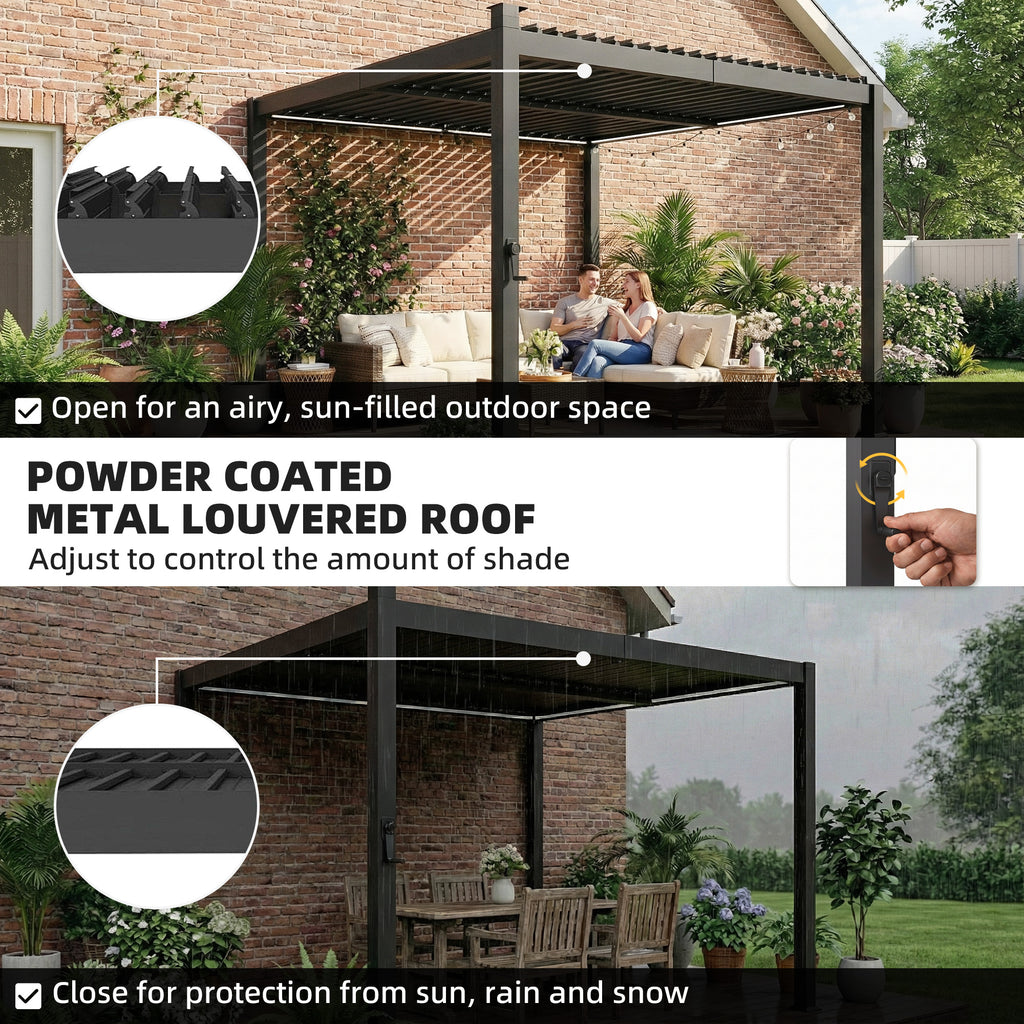 Outsunny 3 x 3 m Louvered Pergola with Solar LED lights, Metal Roof, Patio Gazebo Pergola Canopy with Drainage Gutters, Black