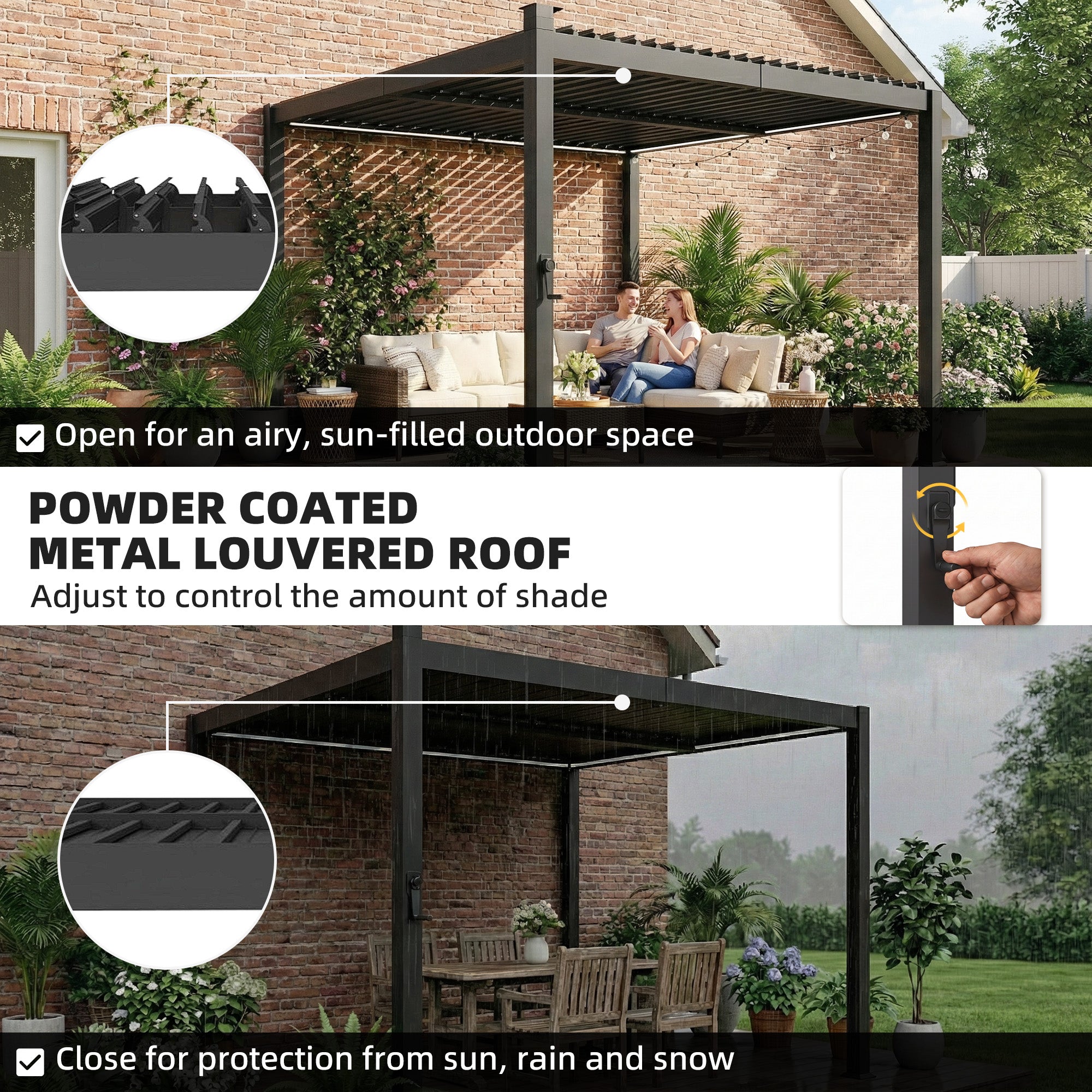 Outsunny 3 x 3 m Louvered Pergola with Solar LED lights, Metal Roof, Patio Gazebo Pergola Canopy with Drainage Gutters, Black