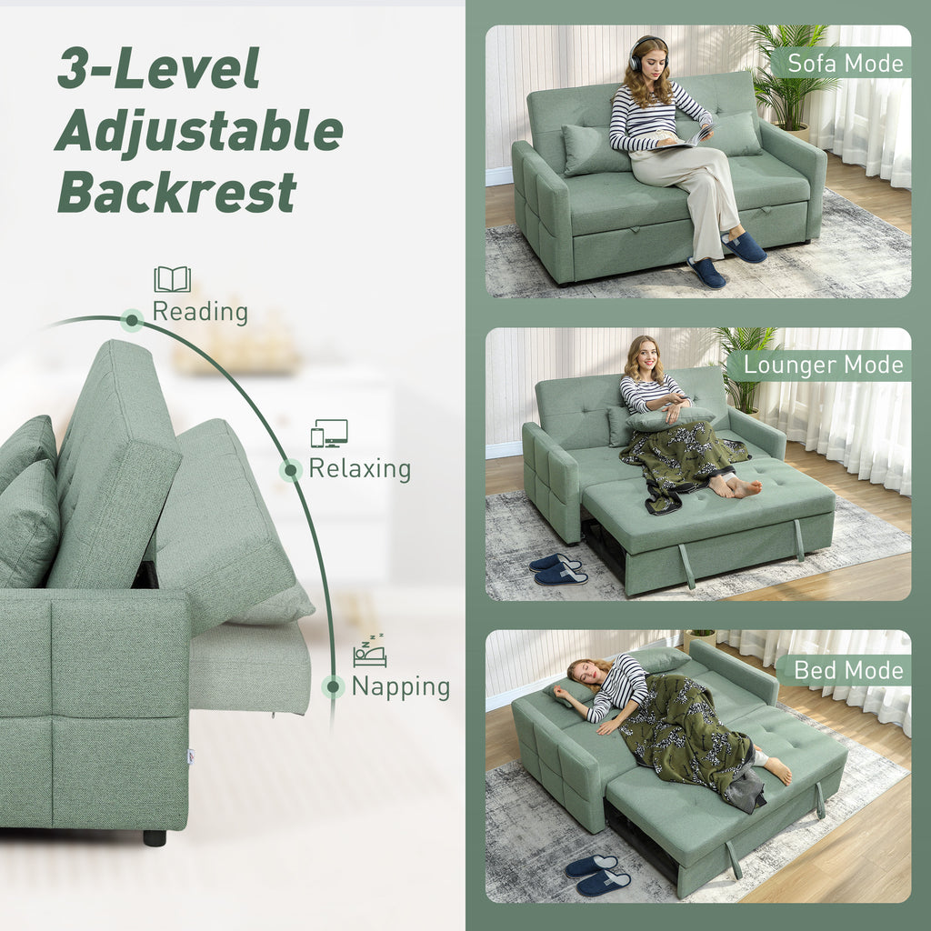 HOMCOM Three-Way 2 Seater Sofa Bed with Three-position back and Two Soft Pillows - Green