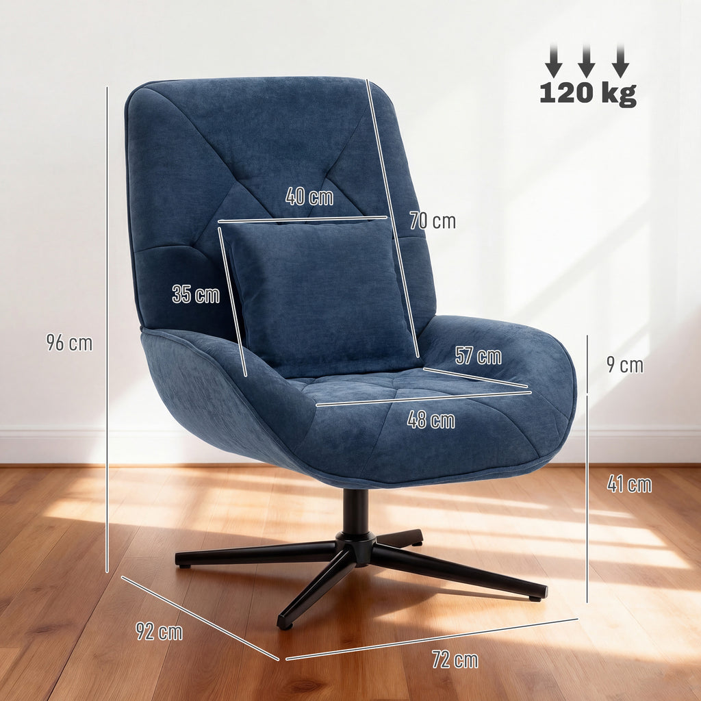 HOMCOM Accent Chair, Chenille Upholstered Swivel Armchair with Lumbar Pillow, High Back, Deep Seat and Metal Legs, Dark Blue