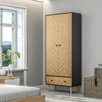 Modern Wardrobe Cabinet Wood Grain Sticker Surface with Shelf, Hanging Rod and 2 Drawers 90x50x190cm