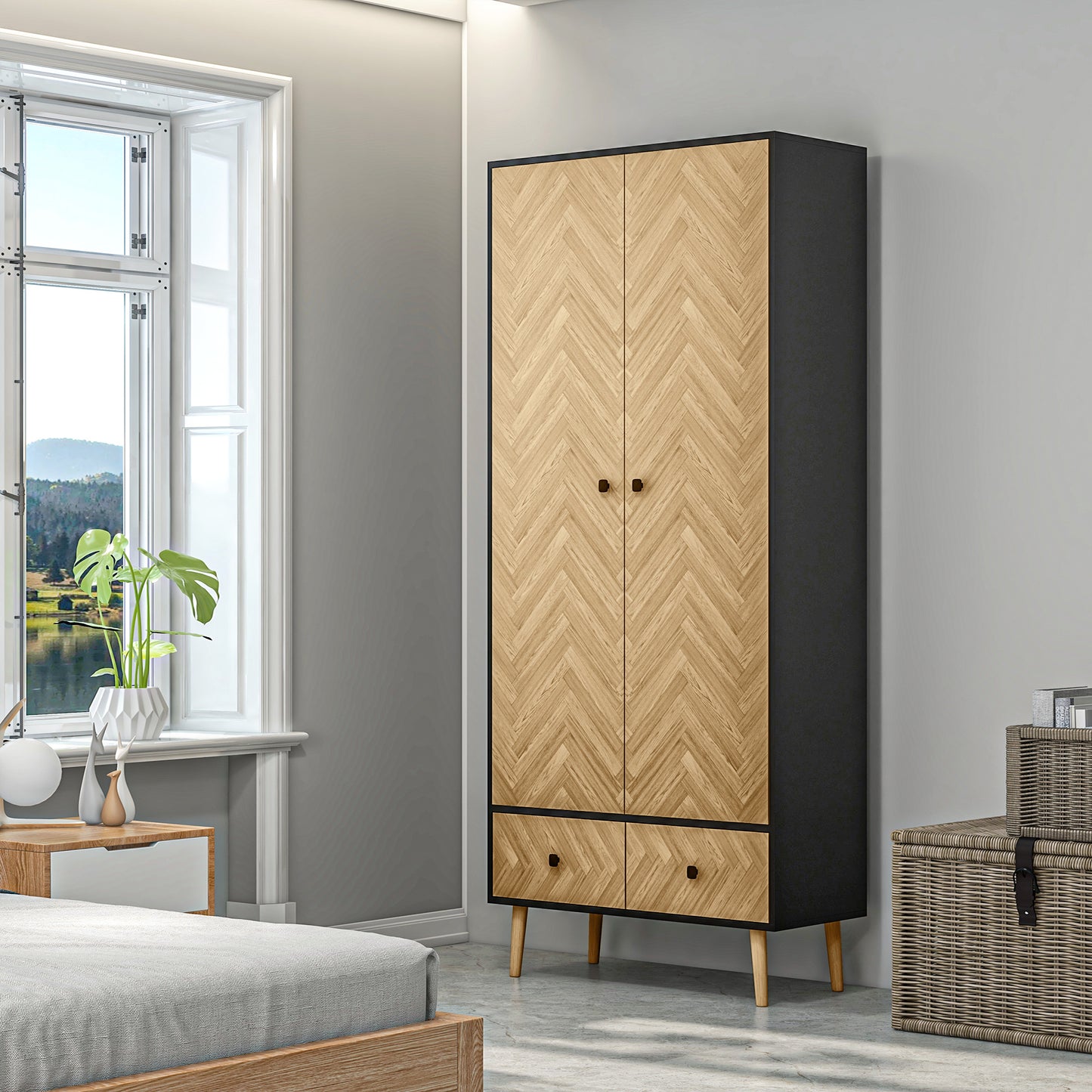 Modern Wardrobe Cabinet Wood Grain Sticker Surface with Shelf, Hanging Rod and 2 Drawers 90x50x190cm