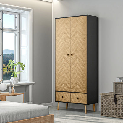 Modern Wardrobe Cabinet Wood Grain Sticker Surface with Shelf, Hanging Rod and 2 Drawers 90x50x190cm