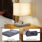 Bedside Lamp with USB A+C Charging Ports and 3 Phone Stands, Modern Table Lamp with Solid Wood Base and Fabric Shade for Bedroom Living Room Office, E27 Socket, Bulb Not Included, Grey