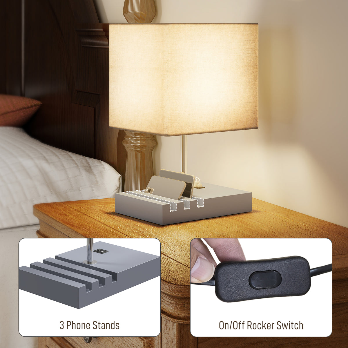 Bedside Lamp with USB A+C Charging Ports and 3 Phone Stands, Modern Table Lamp with Solid Wood Base and Fabric Shade for Bedroom Living Room Office, E27 Socket, Bulb Not Included, Grey