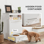 PawHut Pet Feeder Station, Dog, Cat Storage Container, with Raised Bowls, Hanger, Cabinet - White