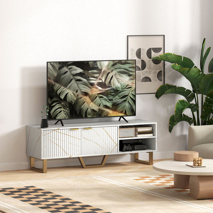 Marble Effect TV Unit, Modern TV Stand Cabinet for up to 70" TVs, with Shelves and Storage Cupboard, Fluted Door, Extra Centre Leg, Cable Management for Living Room, White