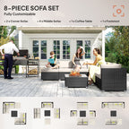 Outsunny 8 Piece Rattan Corner Sofa Set with Wide & Deep Seat, Assembled Aluminium PE Rattan Garden Furniture Set with Thick Cushions and Glass Top Table for Outdoor, Conservatory, Black