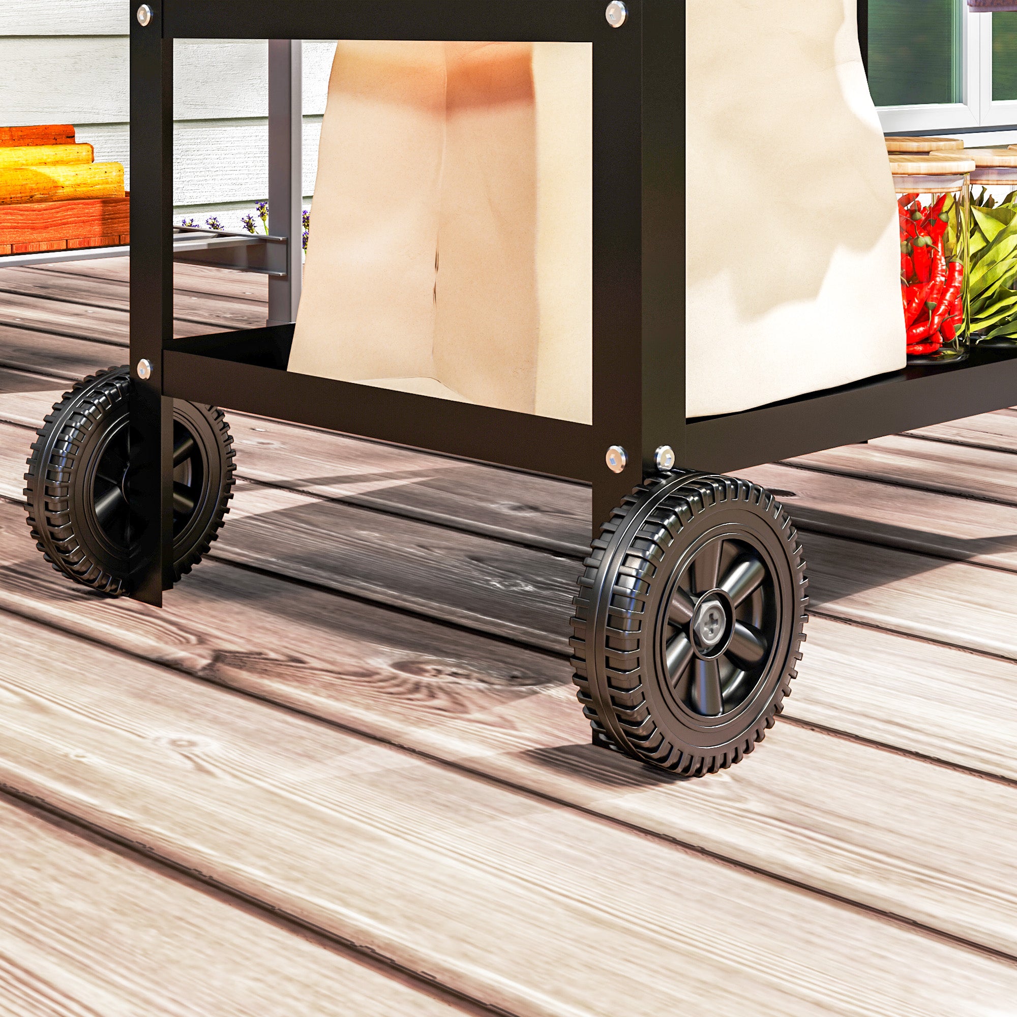 Outsunny BBQ Trolley with Stainless Steel Top Adjustable Shelf, Outdoor Kitchen Barbecue Station with Hooks Seasoning Tray Towel Rack, Pizza Oven Table Movable Grill Dining Cart with Cover, Black
