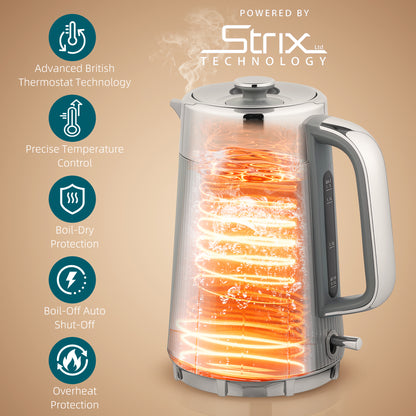 Electric Stainless Steel Kettle and Toaster Set, 3000W 1.7L UK Strix Thermostat Fast Boil Kettle w/ Limescale Filter, Cool Touch Body, 4 Slice Toaster with 7 Browning Levels, Crumb Tray, Grey