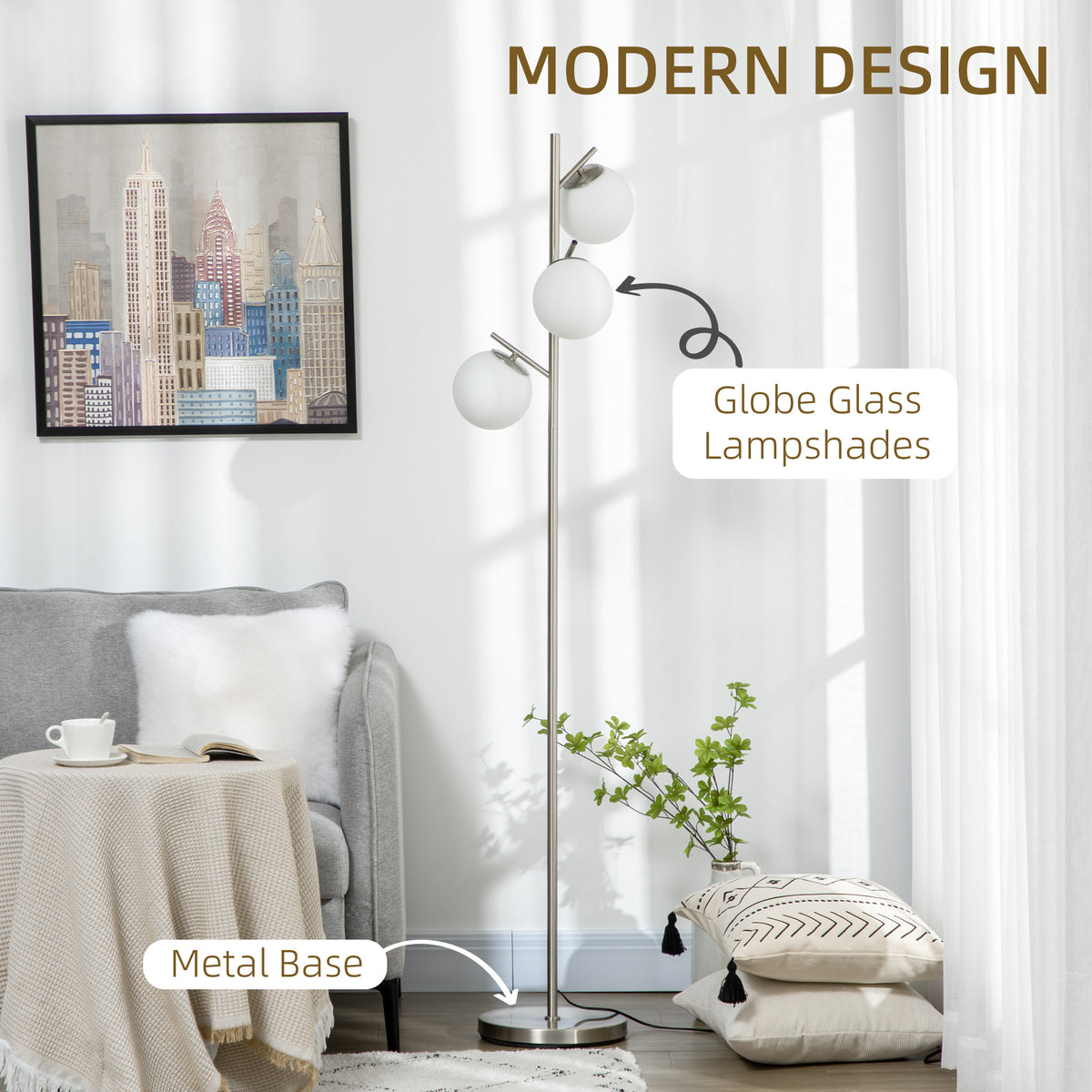 3-Light Tree Floor Lamps for Living Room, Modern Standing Lamp for Bedroom with Globe Lampshade, Steel Base, Bulb not Included, Silver Tone