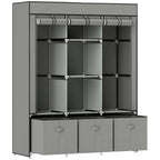 Foldable Fabric Wardrobe for Bedroom, Portable Wardrobe with 5 Shelves, 2 Hanging Rails and 3 Fabric Drawers, Light Grey