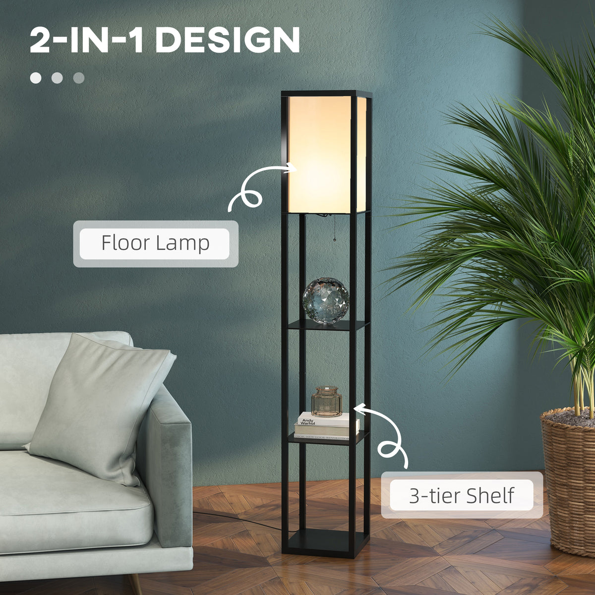 3-Tier Floor Lamp with Shelves and Storage, Modern Standing Lamp with Lampshade, Reading Light with Chain Switch for Living Room, Bedroom, Home Office, Bulb not Included, Black