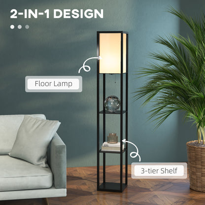 3-Tier Floor Lamp with Shelves and Storage, Modern Standing Lamp with Lampshade, Reading Light with Chain Switch for Living Room, Bedroom, Home Office, Bulb not Included, Black