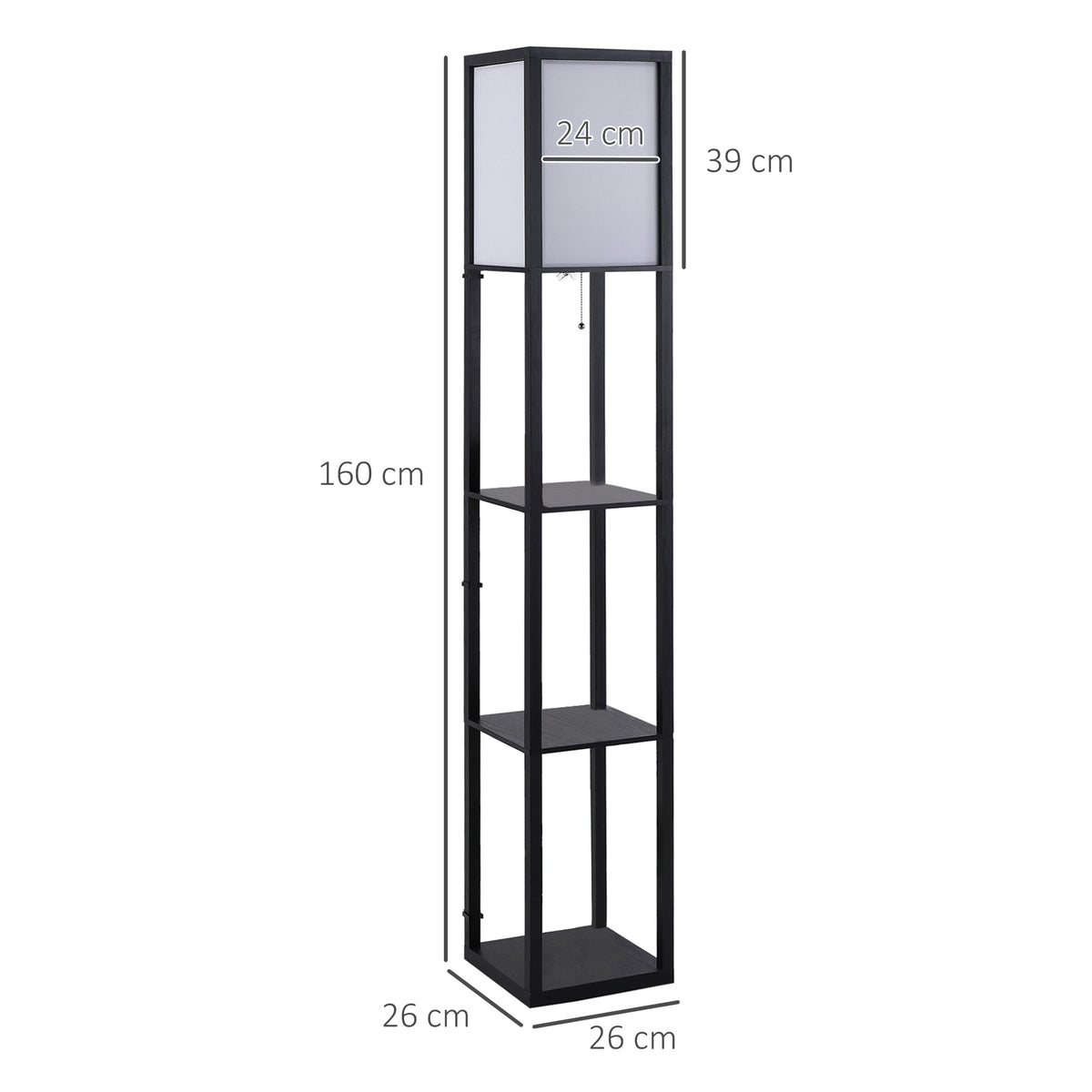 3-Tier Floor Lamp with Shelves and Storage, Modern Standing Lamp with Lampshade, Reading Light with Chain Switch for Living Room, Bedroom, Home Office, Bulb not Included, Black
