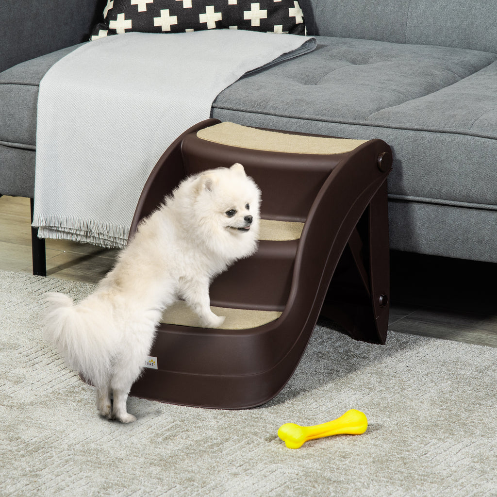 PawHut Foldable Dog Steps for Bed Sofa, Portable Dog Stairs 3-Step for High Bed, Pet Stairs with Non-slip Mats for Small and Miniature Breeds, 49 x 38 x 38 cm, Brown