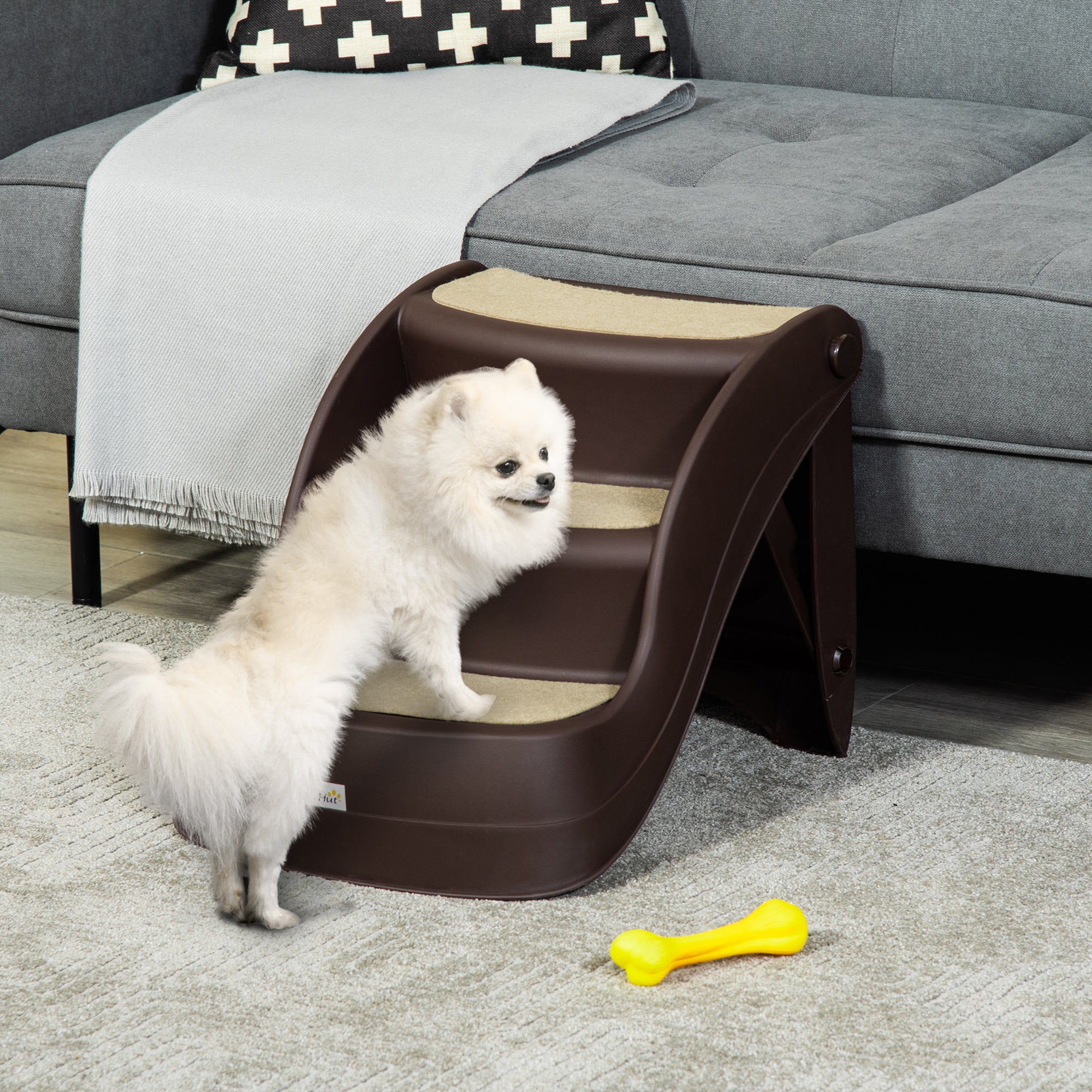 PawHut Foldable Dog Steps for Bed Sofa, Portable Dog Stairs 3-Step for High Bed, Pet Stairs with Non-slip Mats for Small and Miniature Breeds, 49 x 38 x 38 cm, Brown