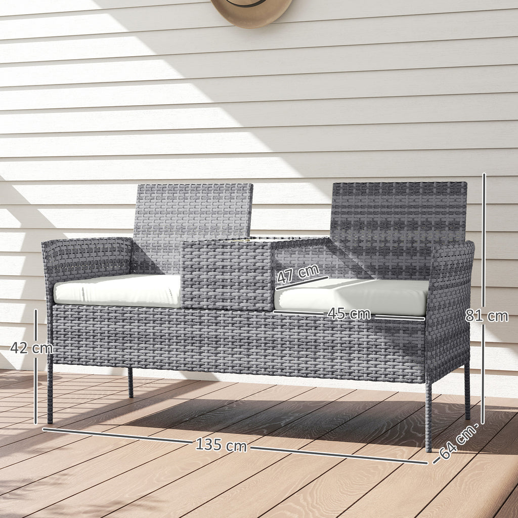 Outsunny Two-Seat Rattan Chair, with Middle Table - Grey