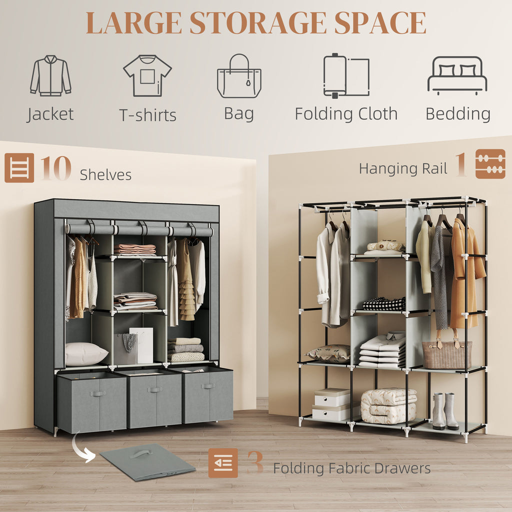 Foldable Fabric Wardrobe for Bedroom, Portable Wardrobe with 5 Shelves, 2 Hanging Rails and 3 Fabric Drawers, Light Grey