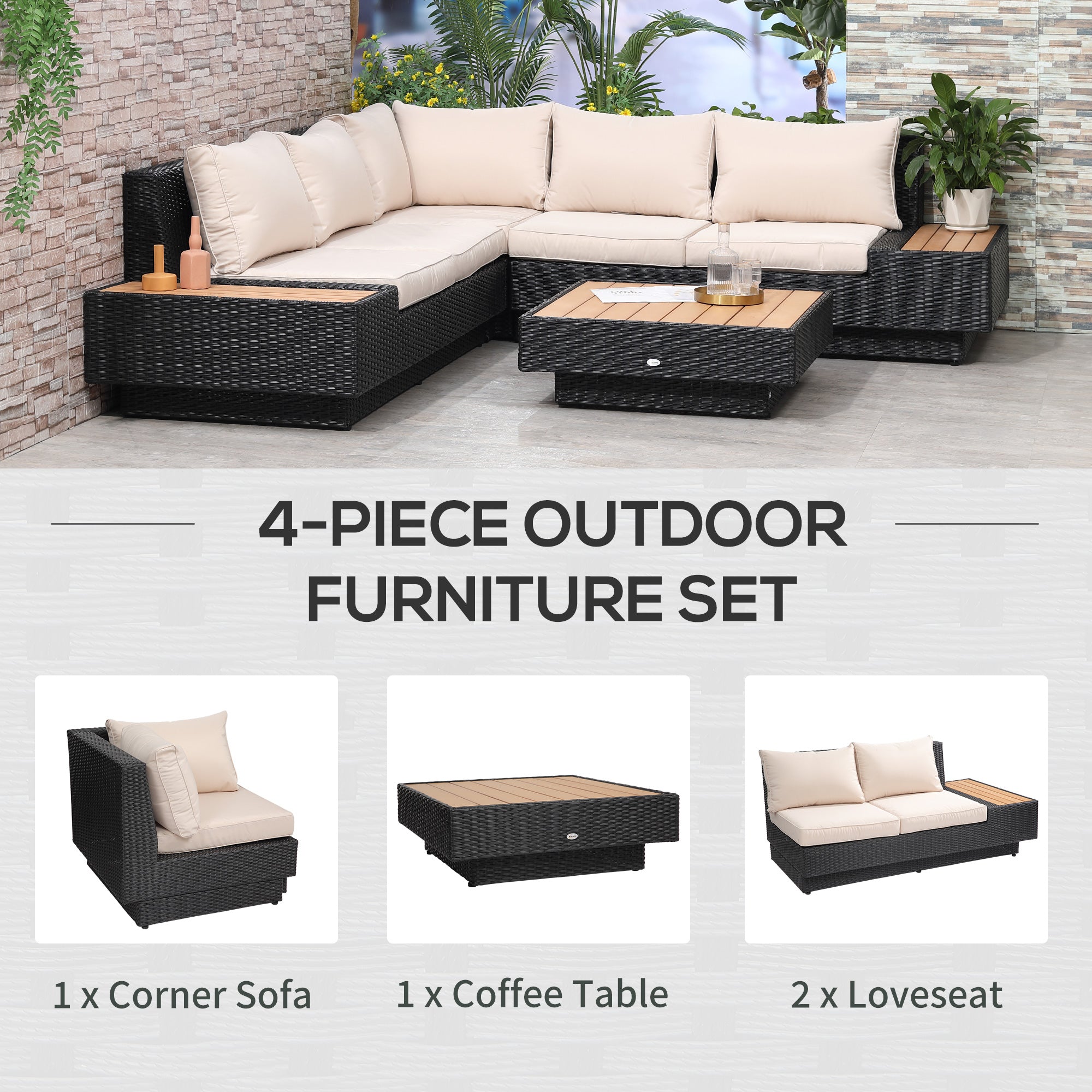 Outsunny 5-Seater Rattan Garden Furniture Outdoor Sectional Corner Sofa with Armrest and Cushions, Black