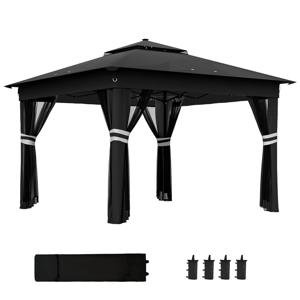 Outsunny 3.36 x 3.36m Pop Up Gazebo Party Tent with Solar-Powered LED Lights, Adjustable Event Shelter with Netting, Black