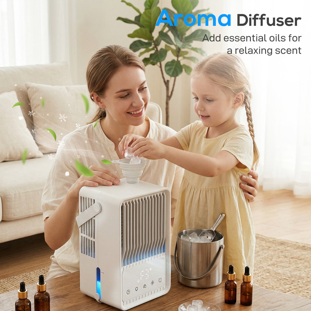 Portable Air Conditioner, 4-in-1 Mini Air Cooler with 3 Wind Speed, 2 Mist Mode, 7 Colour RGB Light, White