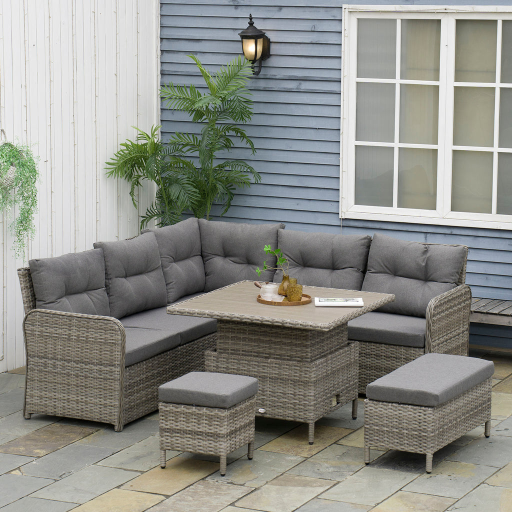 Outsunny 6 Pieces Outdoor PE Rattan Garden Furniture, Patio Wicker Sectional Conversation Corner Sofa with Soft Padded Cushion and Liftable Coffee Table, 123 x 55 x 84 cm, Grey