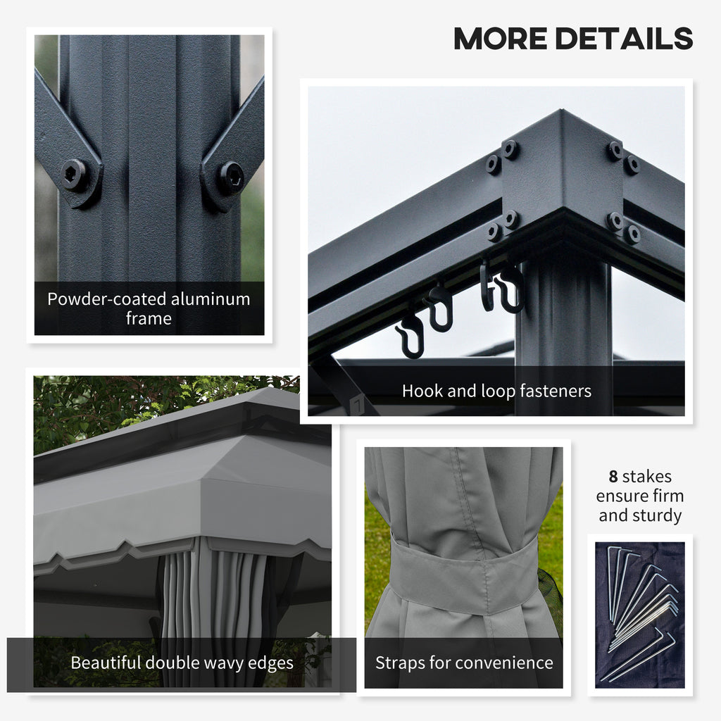 Outsunny 3 x 4m Aluminium Garden Gazebo, Marquee Canopy Shelter Pavilion Party Tent with Nets and Curtains for Garden and Deck, Light Grey