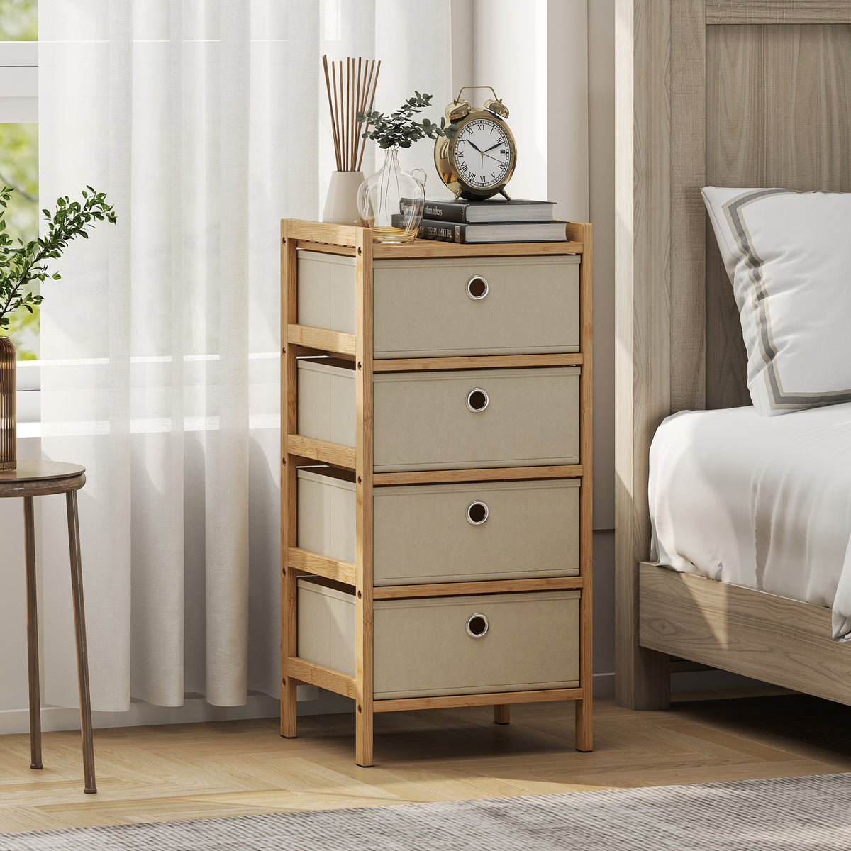 Chest of Drawers, 4 Fabric Drawers Narrow Dresser with Bamboo Frame, Cream White