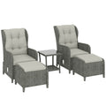 Outsunny Rattan Reclining Garden Chair Set of 2 with Footstool and Cushion for Balcony, Cream