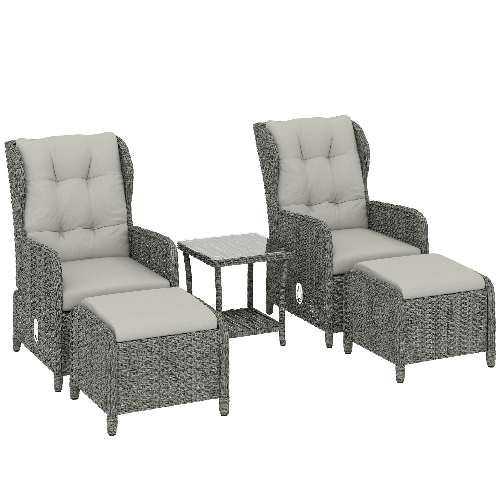 Outsunny Rattan Reclining Garden Chair Set of 2 with Footstool and Cushion for Balcony, Cream