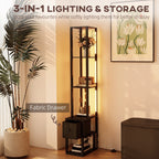 Floor Lamp with Shelves, LED Column Modern Standing Lamp with Fabric Drawer, Adjustable Brightness, Foot Switch for Living Room, Bedroom, Office, Black