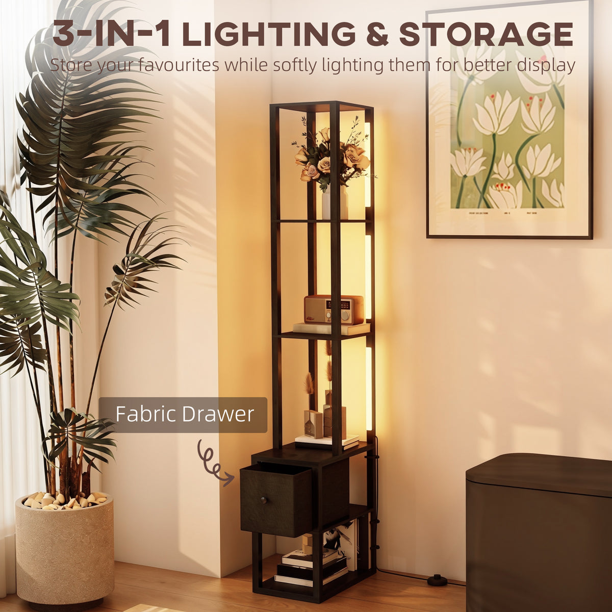 Floor Lamp with Shelves, LED Column Modern Standing Lamp with Fabric Drawer, Adjustable Brightness, Foot Switch for Living Room, Bedroom, Office, Black