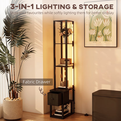 Floor Lamp with Shelves, LED Column Modern Standing Lamp with Fabric Drawer, Adjustable Brightness, Foot Switch for Living Room, Bedroom, Office, Black